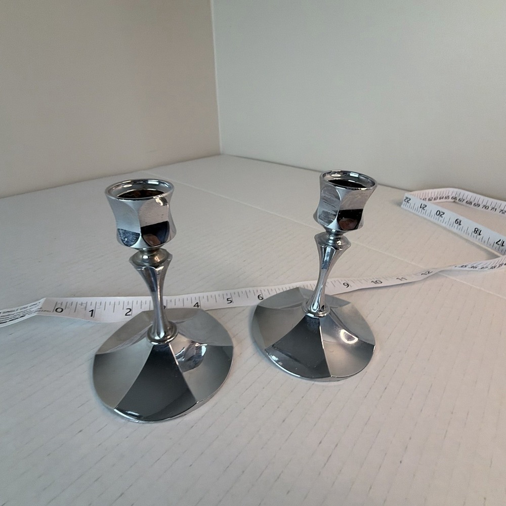 Vintage‎ Irvinware Chrome Plated Candlesticks Mid Century USA 4.5" Silver Set/2